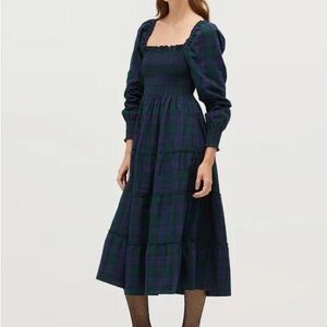 Hill House Naomi Nap Dress - size S - Green Tartan Long Sleeve
